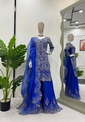 Blue Embroidered Chinon Kurta Sets