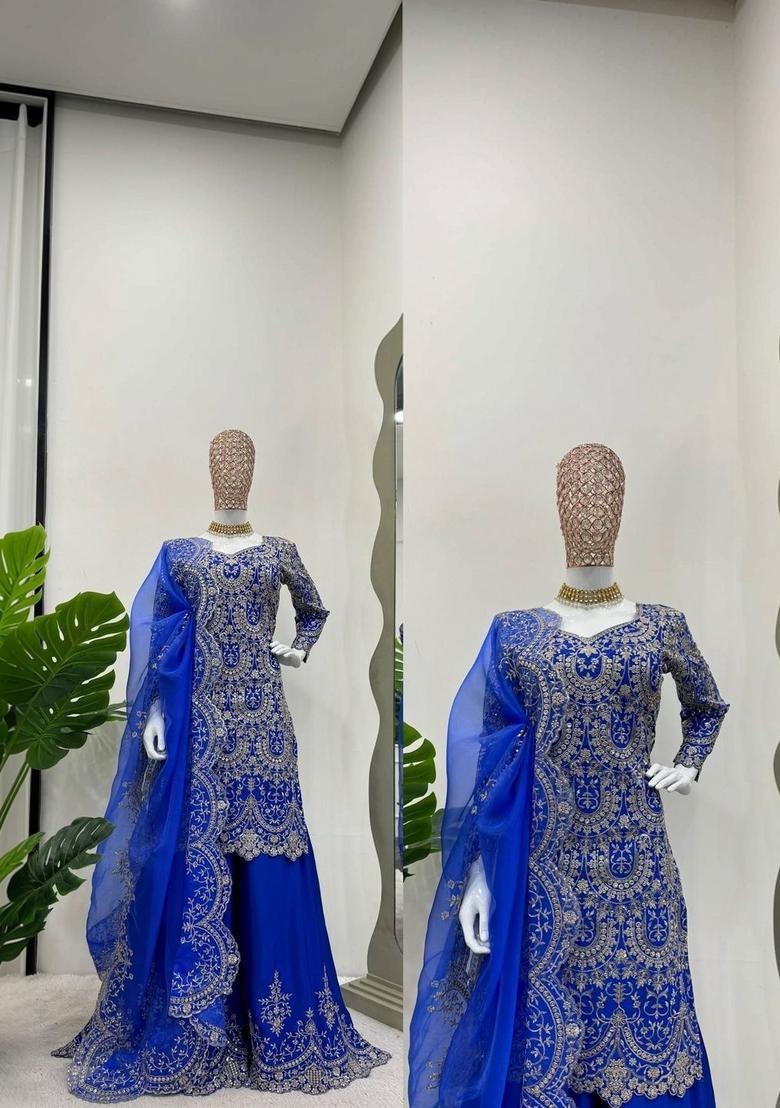 Blue Embroidered Chinon Kurta Sets - Indya