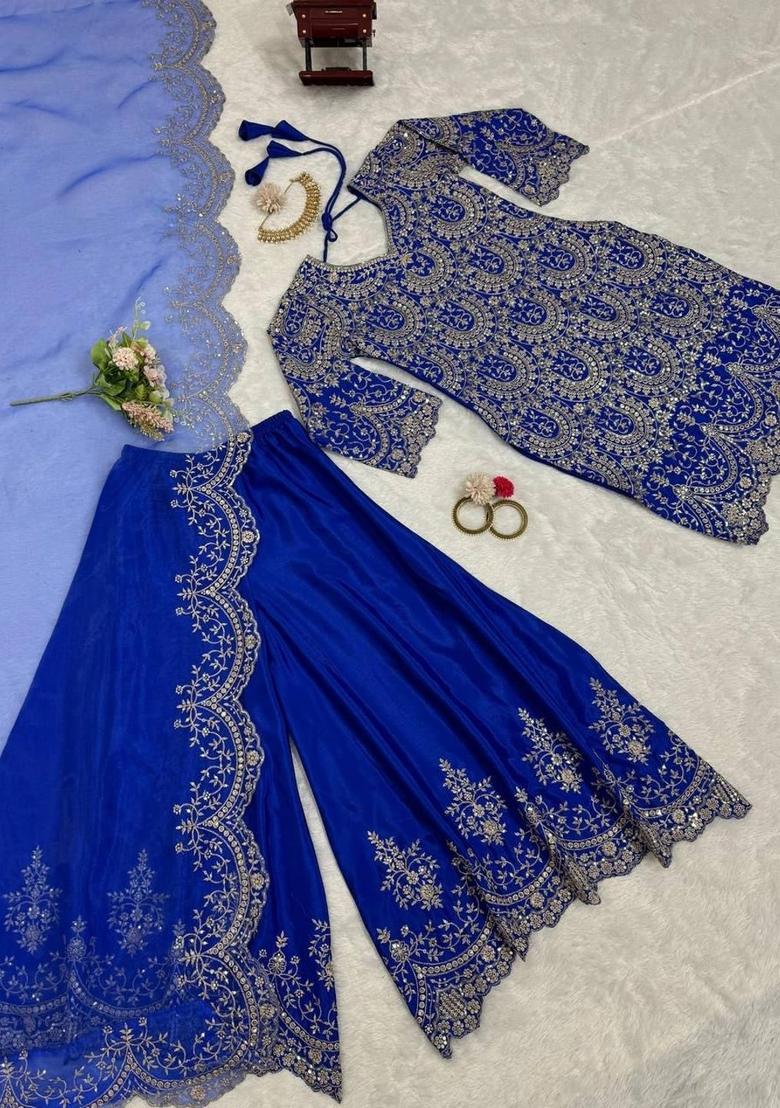 Blue Embroidered Chinon Kurta Sets - Indya