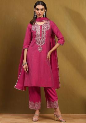 Magenta Printed Cotton Kurta Sets