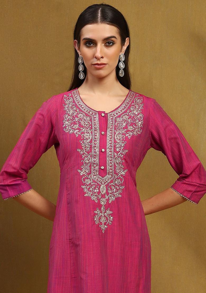 Magenta Printed Cotton Kurta Sets - Indya