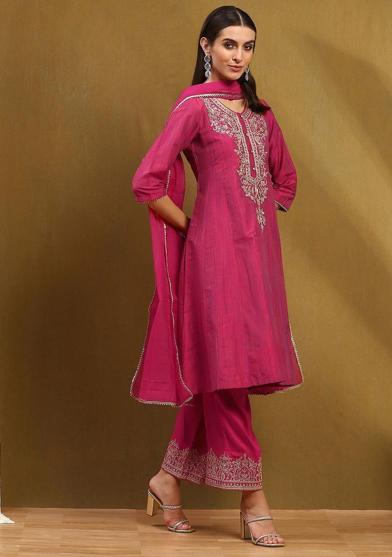 Magenta Printed Cotton Kurta Sets - Indya