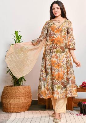 Beige Printed Viscose Kurta Sets