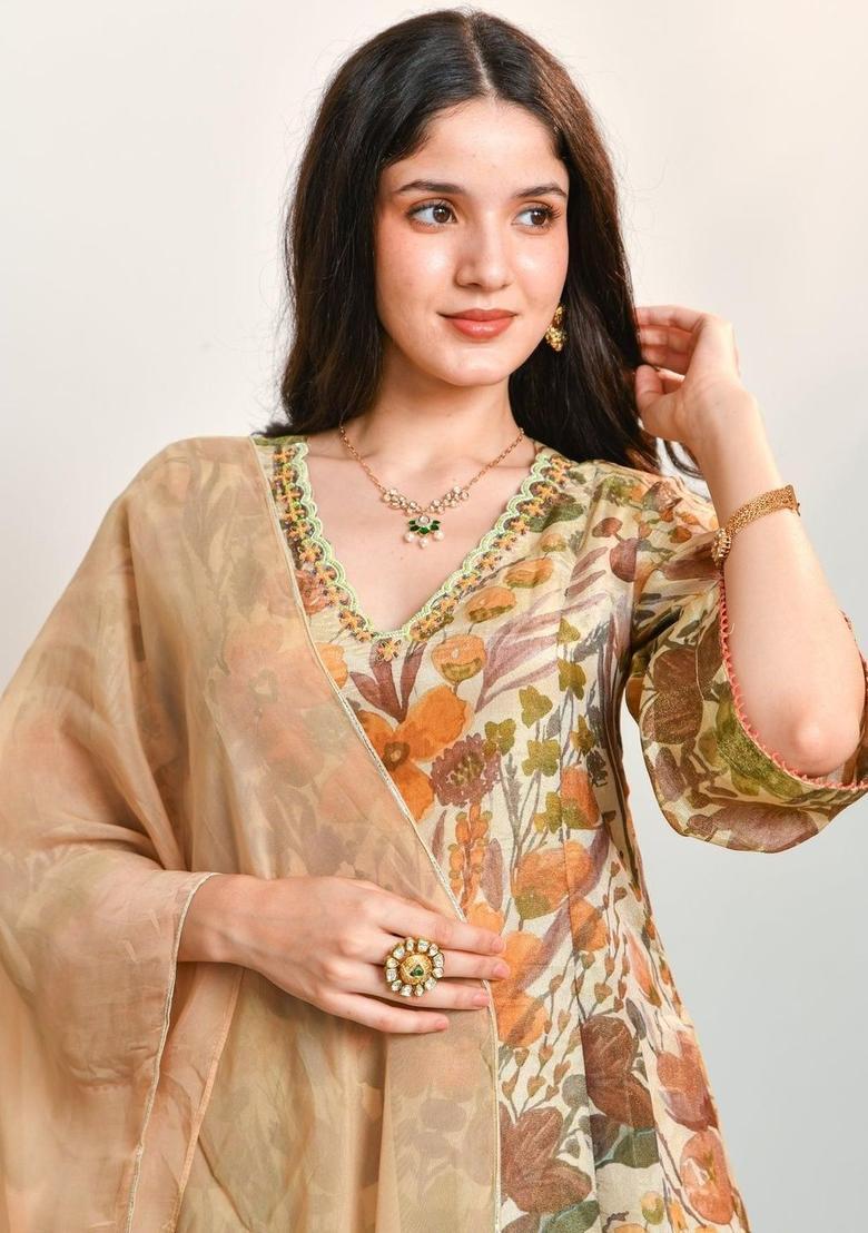 Beige Printed Viscose Kurta Sets - Indya