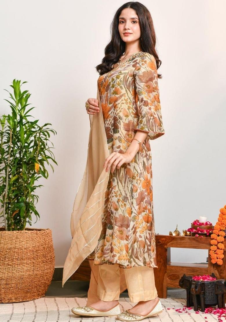 Beige Printed Viscose Kurta Sets - Indya