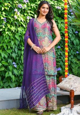 Purple Printed Viscose Kurta Sets