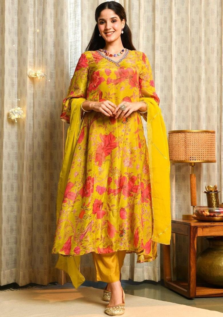 Green Printed Viscose Kurta Sets - Indya