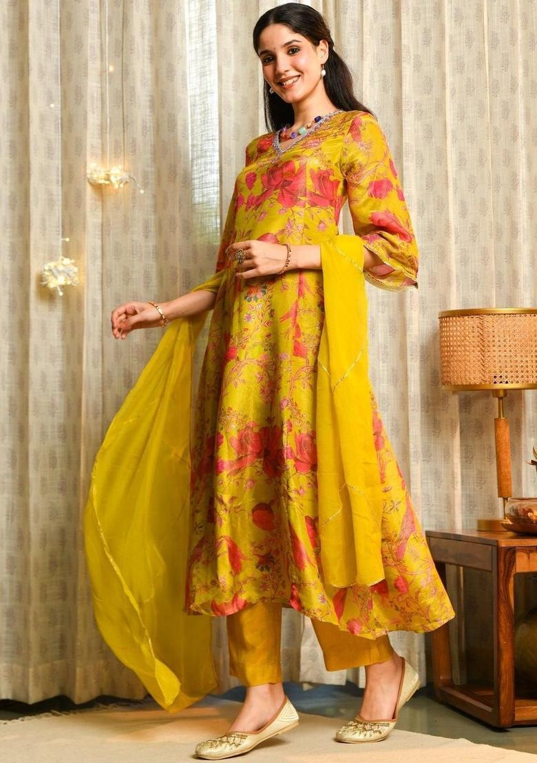 Green Printed Viscose Kurta Sets - Indya
