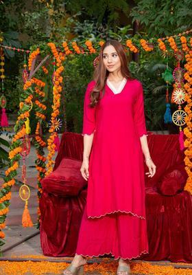 Red Solid Silk Blend Kurta Sets