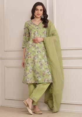 Green Printed Chanderi Kurta Sets