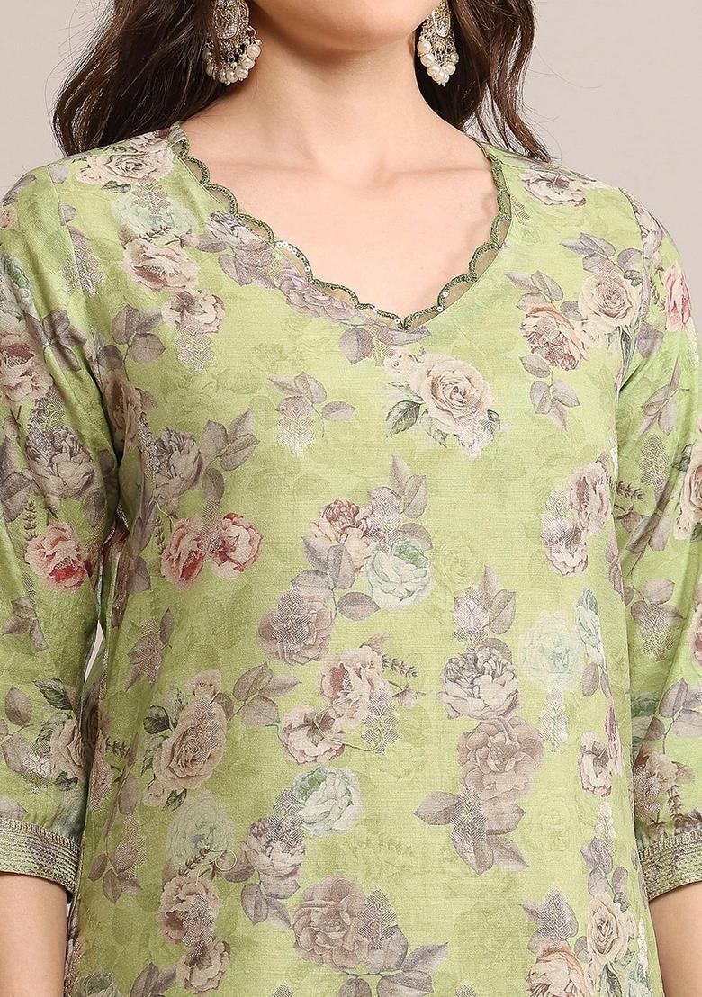 Green Printed Chanderi Kurta Sets - Indya