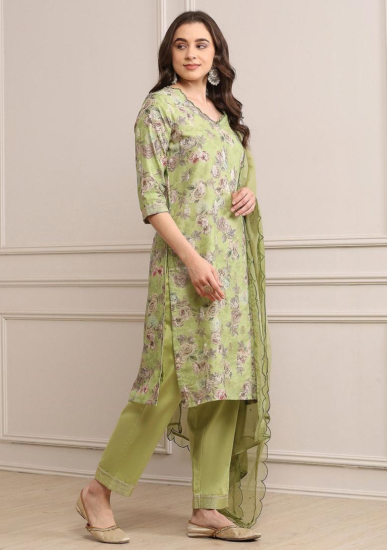 Green Printed Chanderi Kurta Sets - Indya