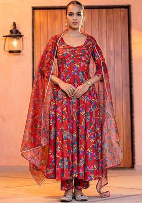 Red Printed Cotton Anarkli Sets