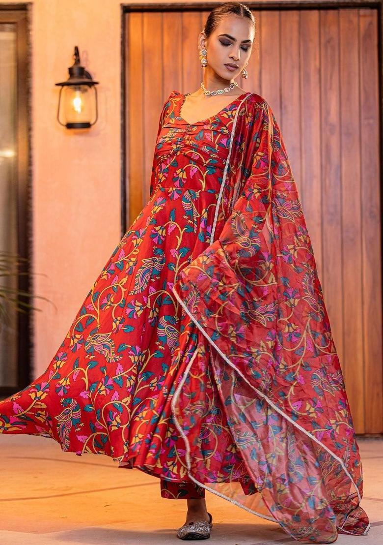 Red Printed Cotton Anarkli Sets - Indya