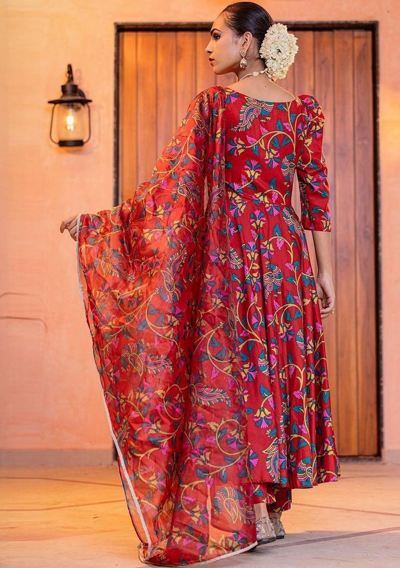 Red Printed Cotton Anarkli Sets - Indya