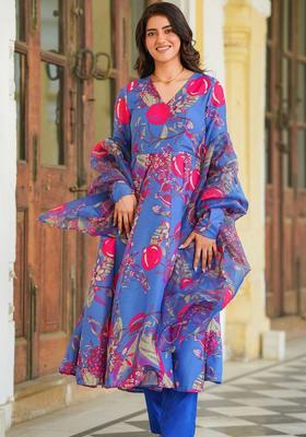 Blue Printed Cotton Anarkli Sets