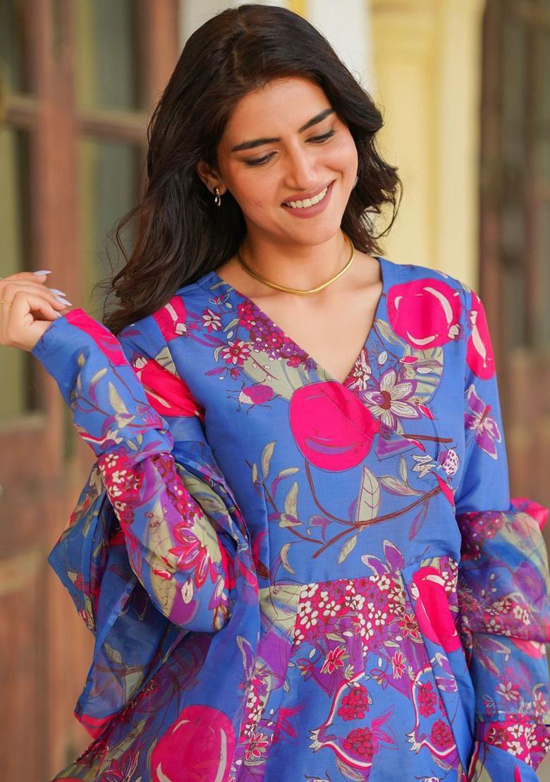 Blue Printed Cotton Anarkli Sets - Indya
