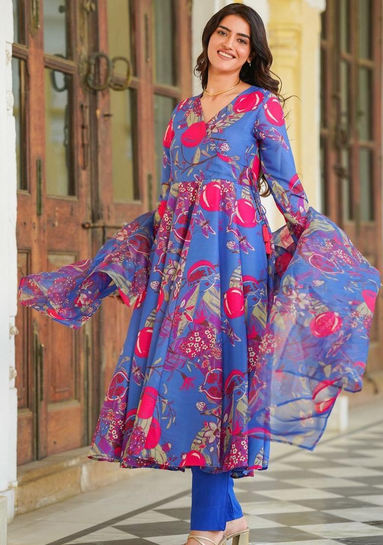 Blue Printed Cotton Anarkli Sets - Indya