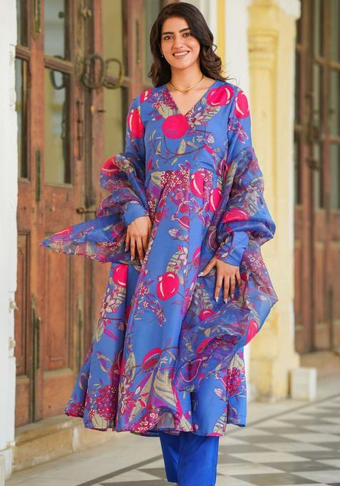 Blue Printed Cotton Anarkli Sets