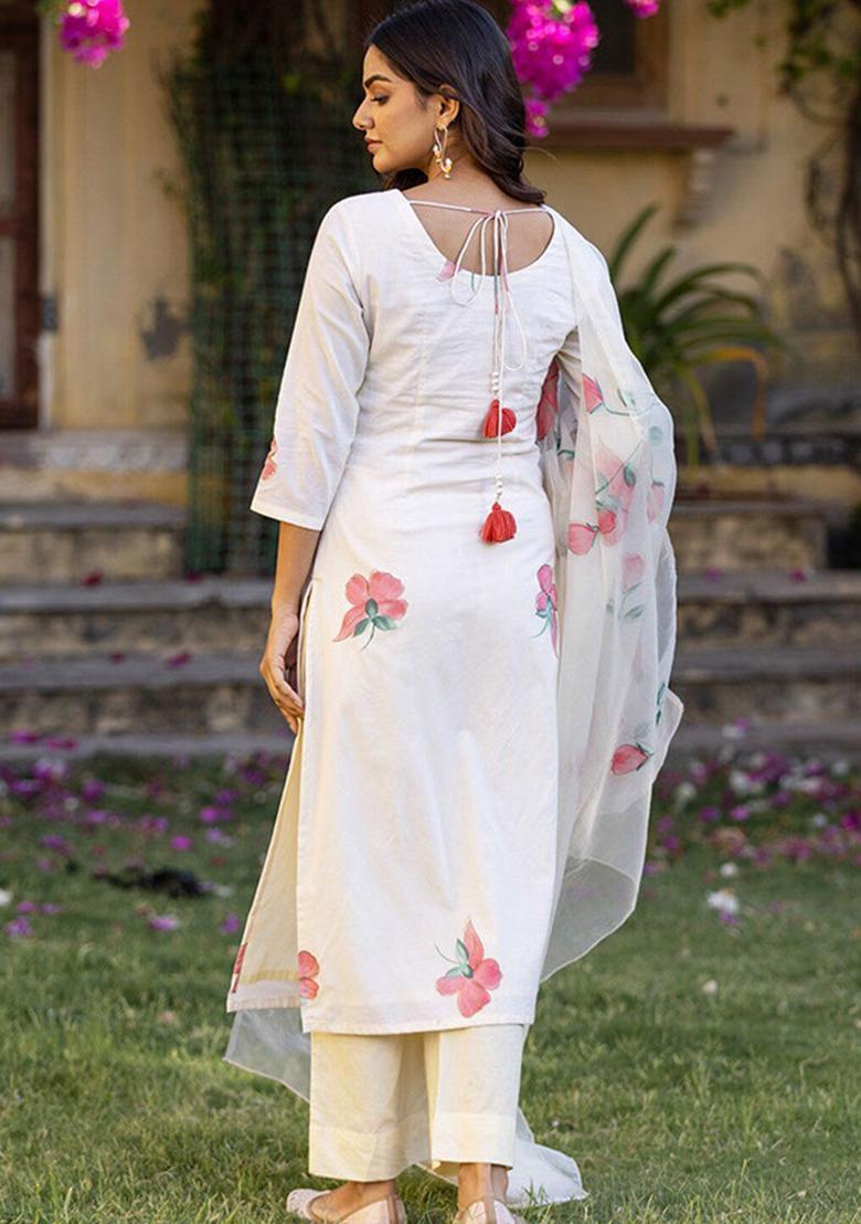 Off White Printed Cotton Kurta Sets - Indya
