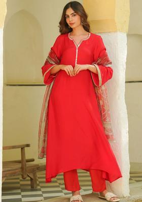 Red Solid Cotton Kurta Sets