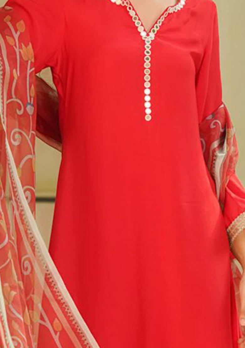 Red Solid Cotton Kurta Sets - Indya