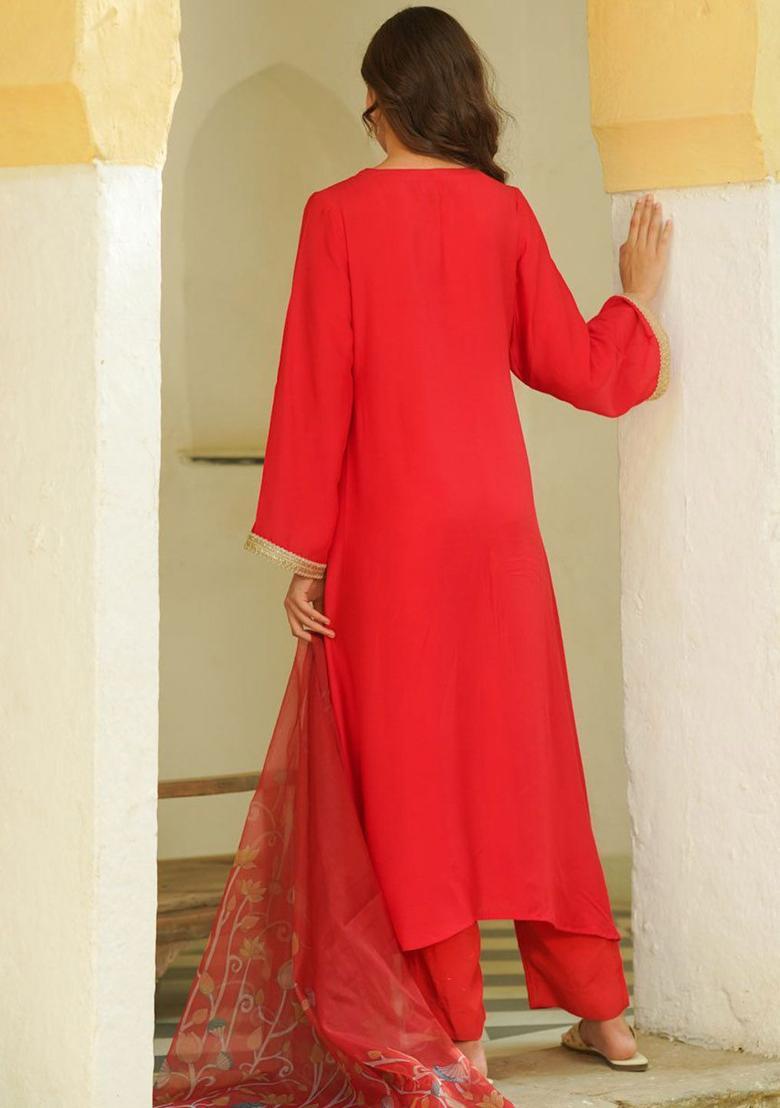Red Solid Cotton Kurta Sets - Indya