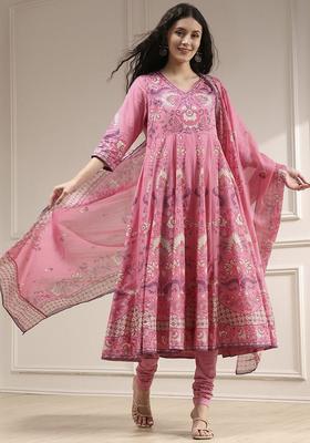 Pink Printed Cotton Anarkli Sets