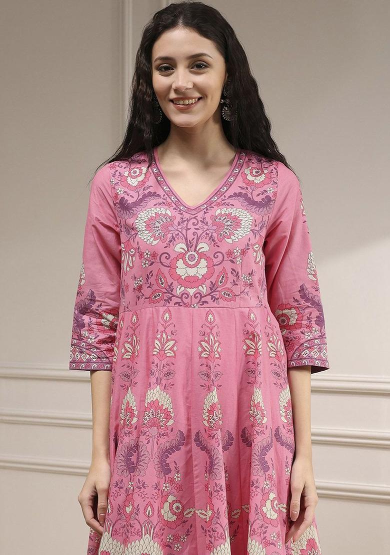 Pink Printed Cotton Anarkli Sets - Indya