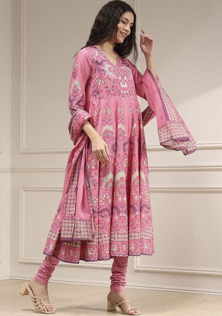 Pink Printed Cotton Anarkli Sets - Indya