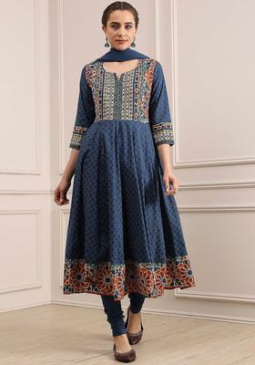 Blue Printed Cotton Anarkli Sets