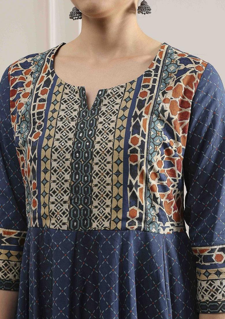 Blue Printed Cotton Anarkli Sets - Indya