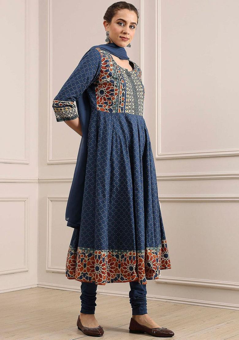 Blue Printed Cotton Anarkli Sets - Indya