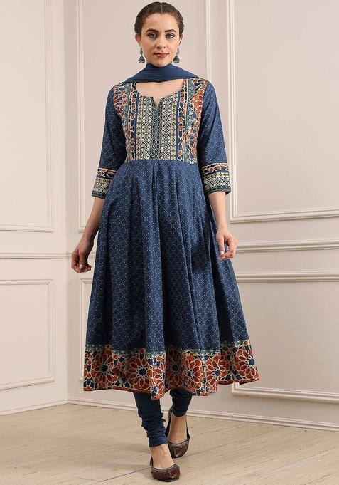 Blue Printed Cotton Anarkli Sets