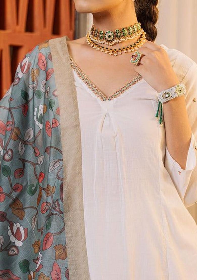 Off White Solid Cotton Kurta Sets - Indya