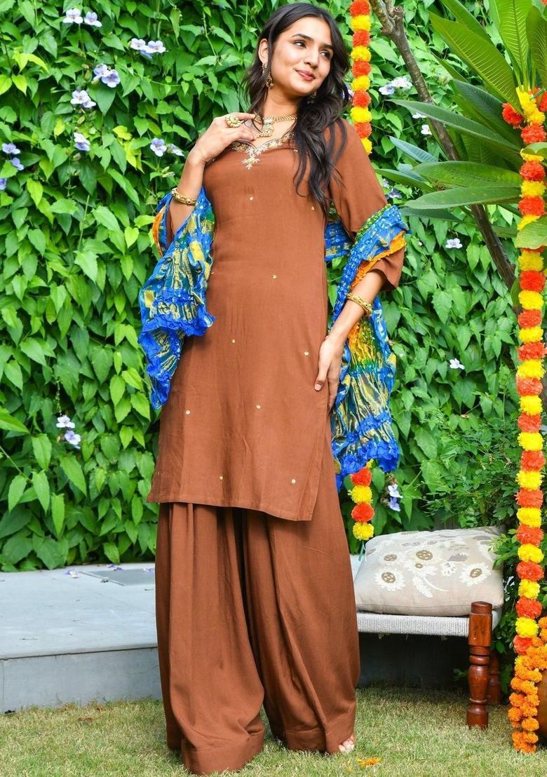 Brown Embroidered Viscose Anarkli Sets - Indya