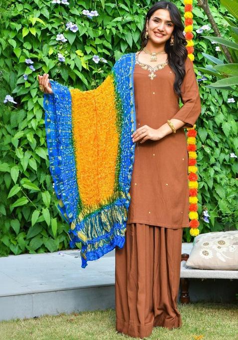 Brown Embroidered Viscose Anarkli Sets