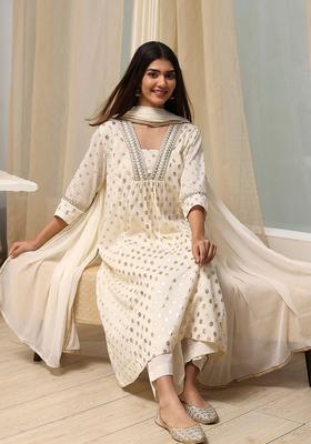 White Printed Cotton Anarkli Sets