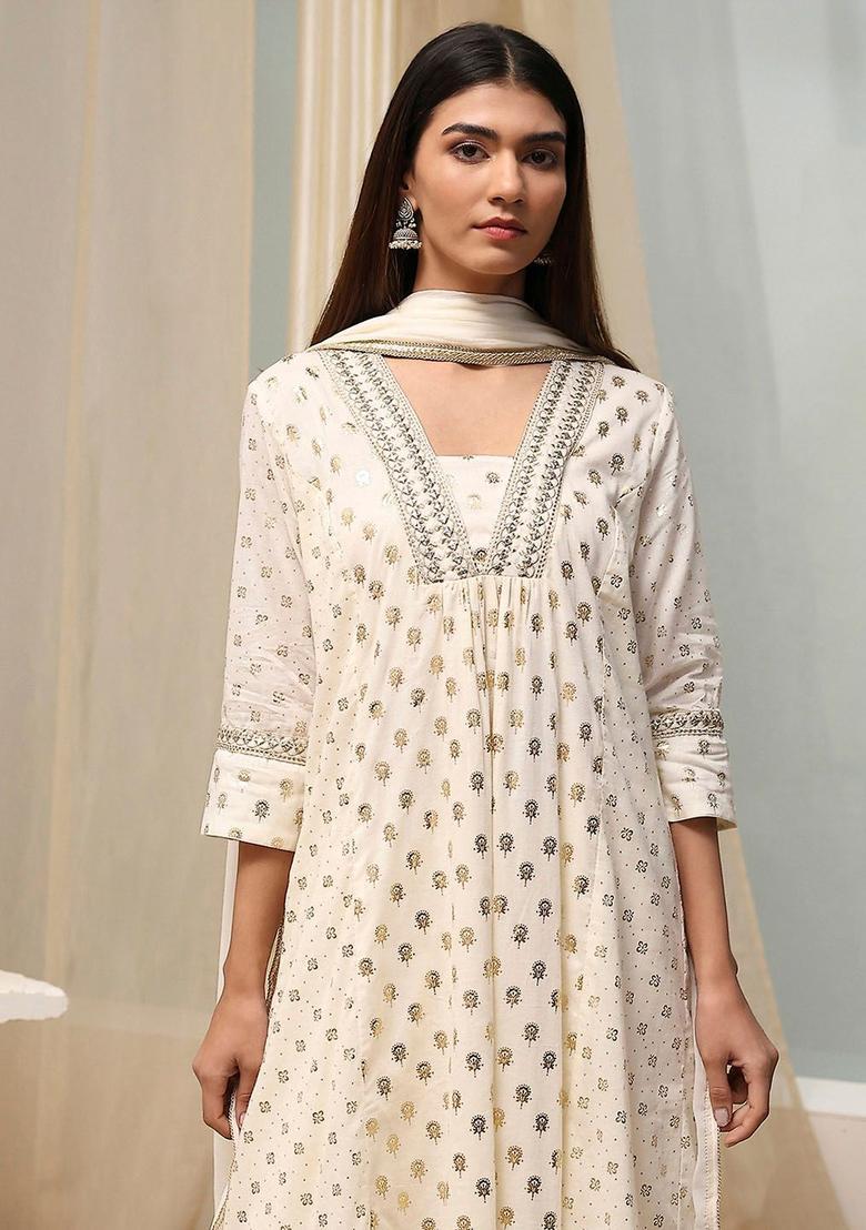White Printed Cotton Anarkli Sets - Indya