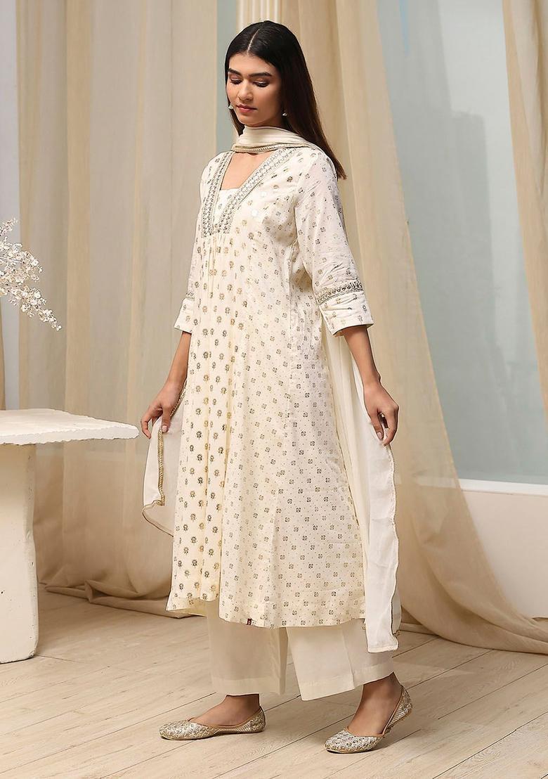 White Printed Cotton Anarkli Sets - Indya