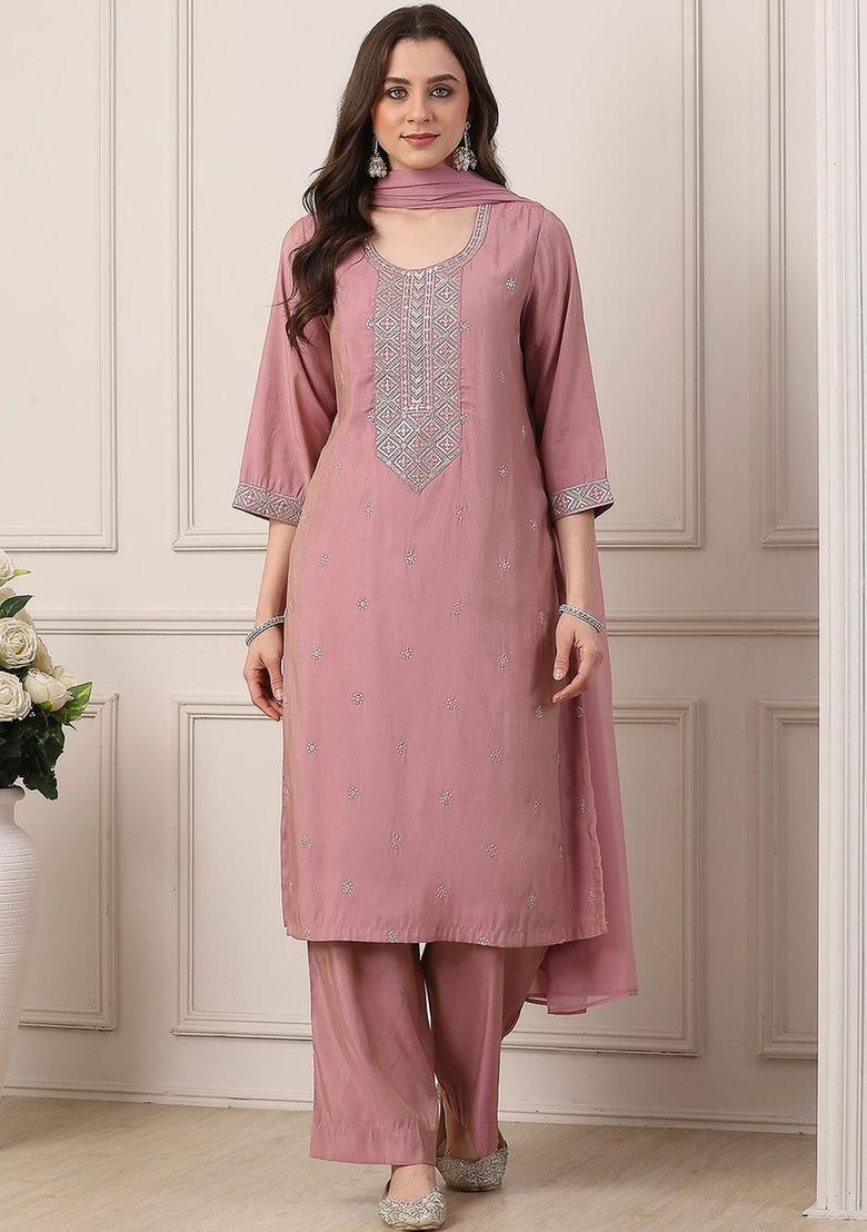 Rose Embroidered Viscose Kurta Sets - Indya