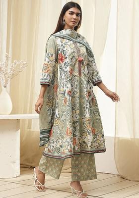 Sea Green Printed Cotton Kurta Sets