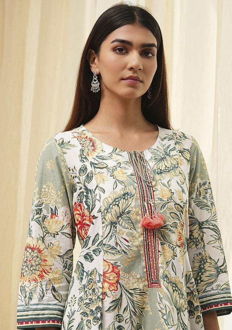 Sea Green Printed Cotton Kurta Sets - Indya