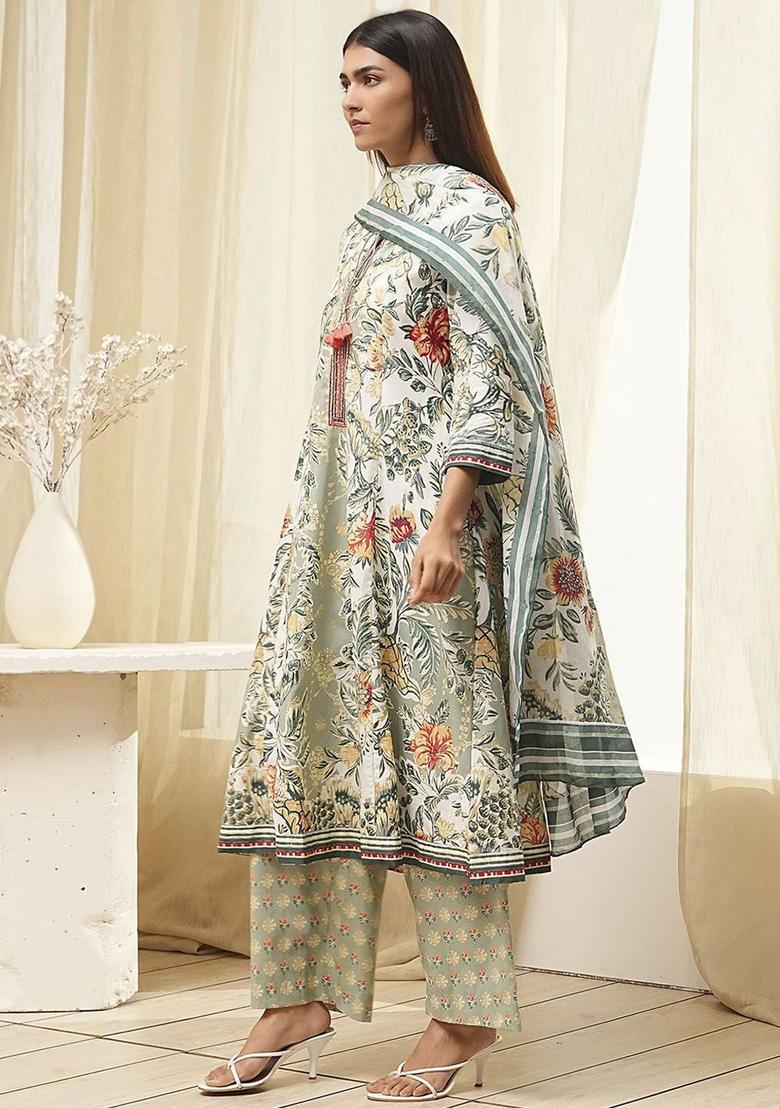 Sea Green Printed Cotton Kurta Sets - Indya
