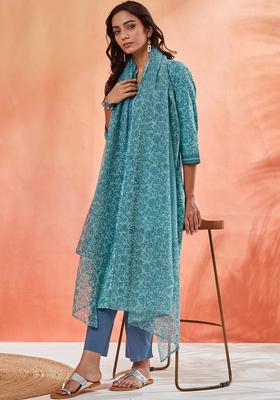 Teal Printed Cotton Kurta Sets