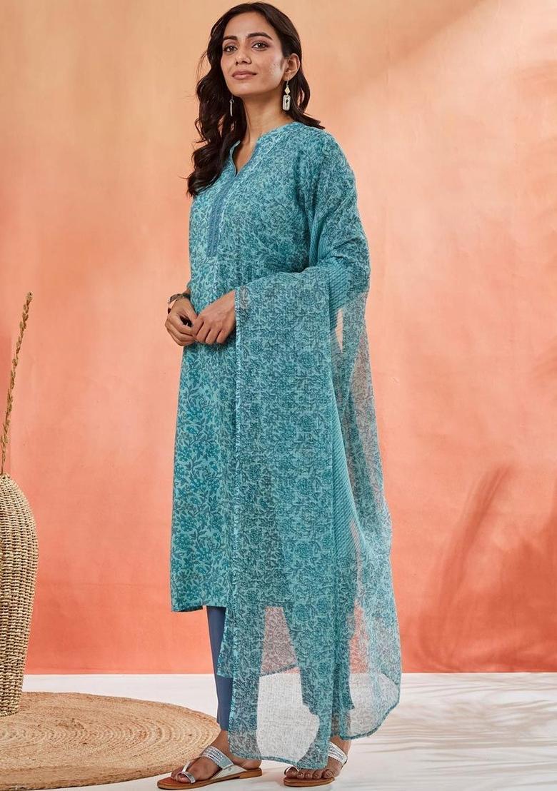 Teal Printed Cotton Kurta Sets - Indya