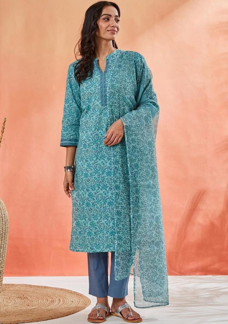 Teal Printed Cotton Kurta Sets - Indya