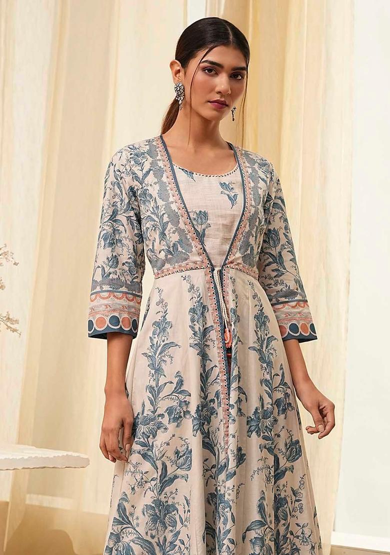 Blue Printed Cotton Anarkli Sets - Indya