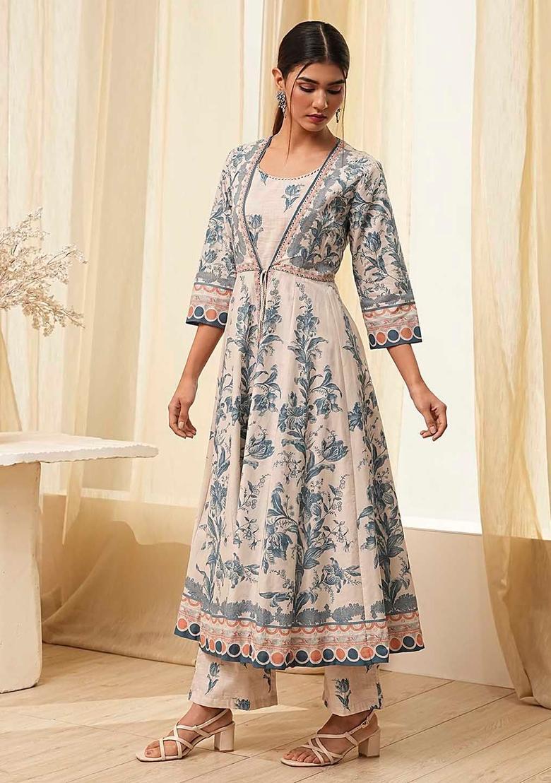 Blue Printed Cotton Anarkli Sets - Indya