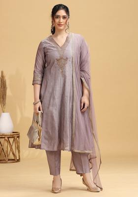 Purple Woven Design Silk Blend Kurta Sets